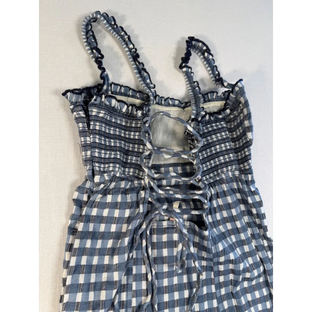 Free People Gingham Lace Up Back Midi Dress Blue White Small